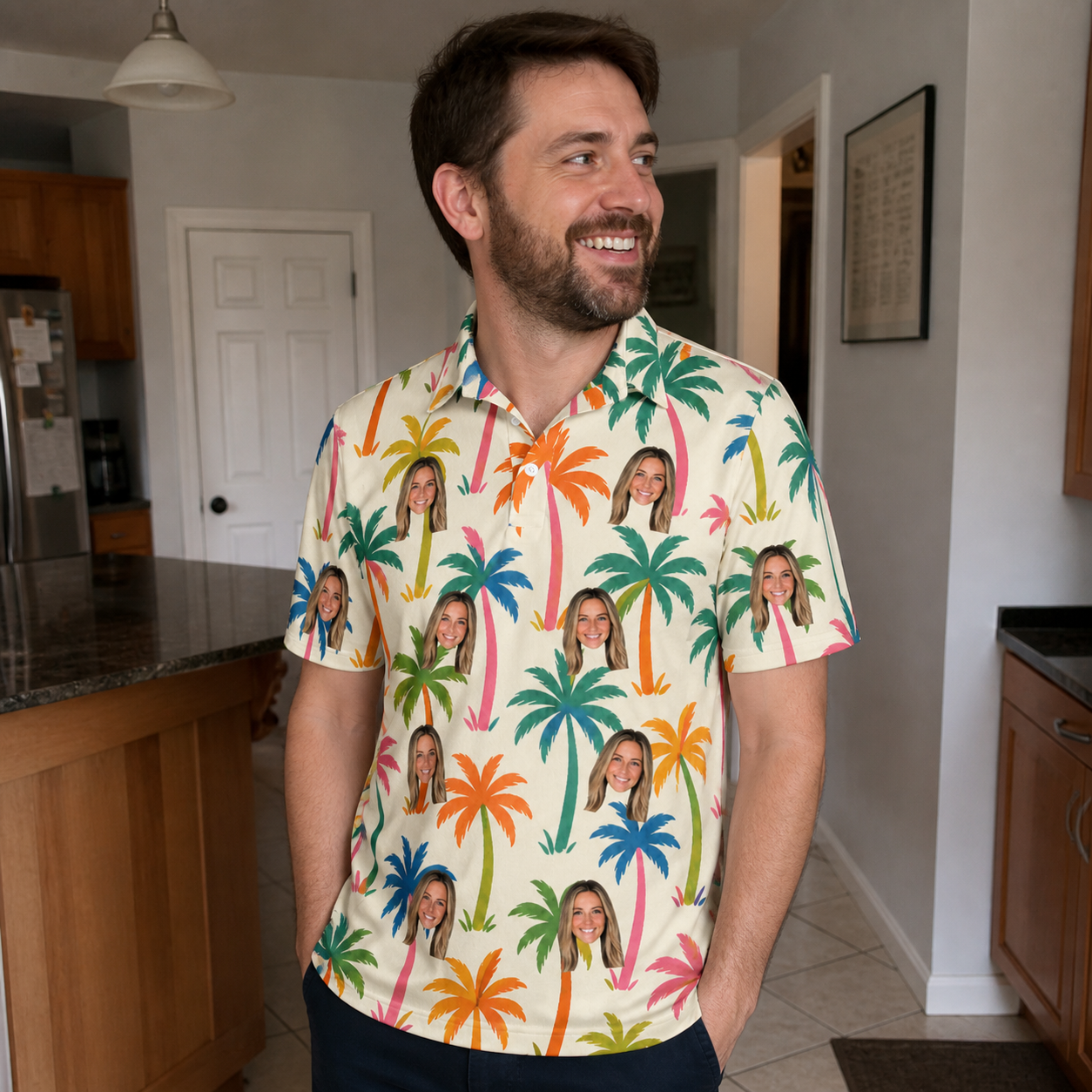 Real-life photo of someone wearing Men's Sunbeam Sprigs Custom Face Polo Shirt — custom faces printed all-over