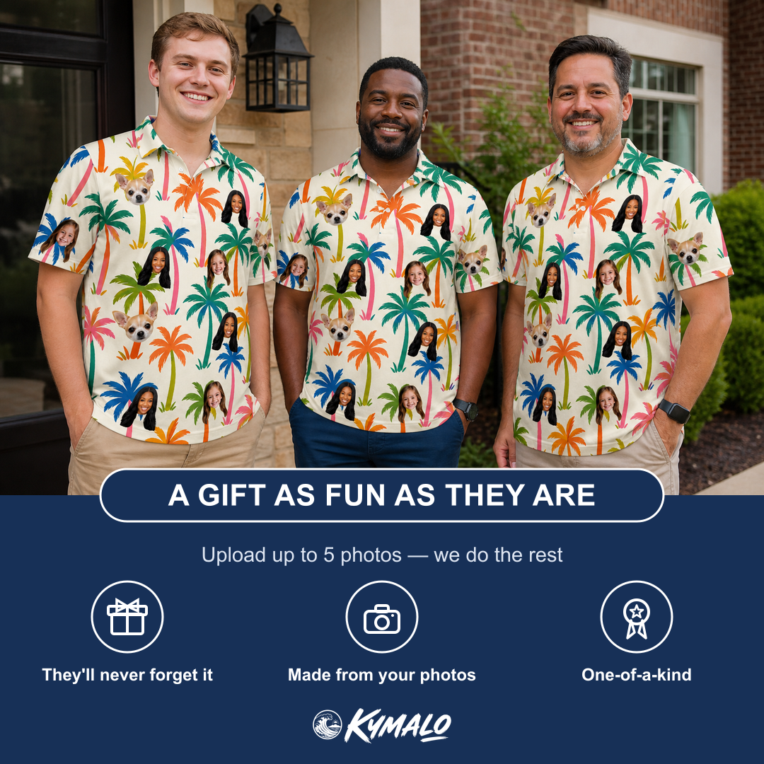 Friends in matching Men's Sunbeam Sprigs Custom Face Polo Shirt — a group gift photo