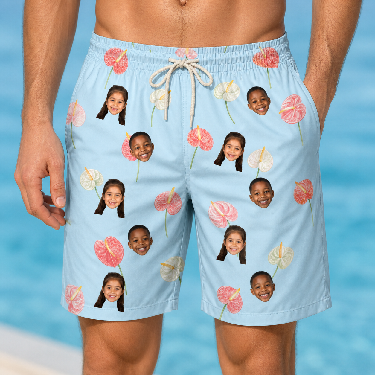 Model wearing Men's Spatha Spark Custom Face Beach Shorts printed with kids' faces