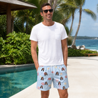 Real-life photo of someone wearing Men's Spatha Spark Custom Face Beach Shorts — custom faces printed all-over