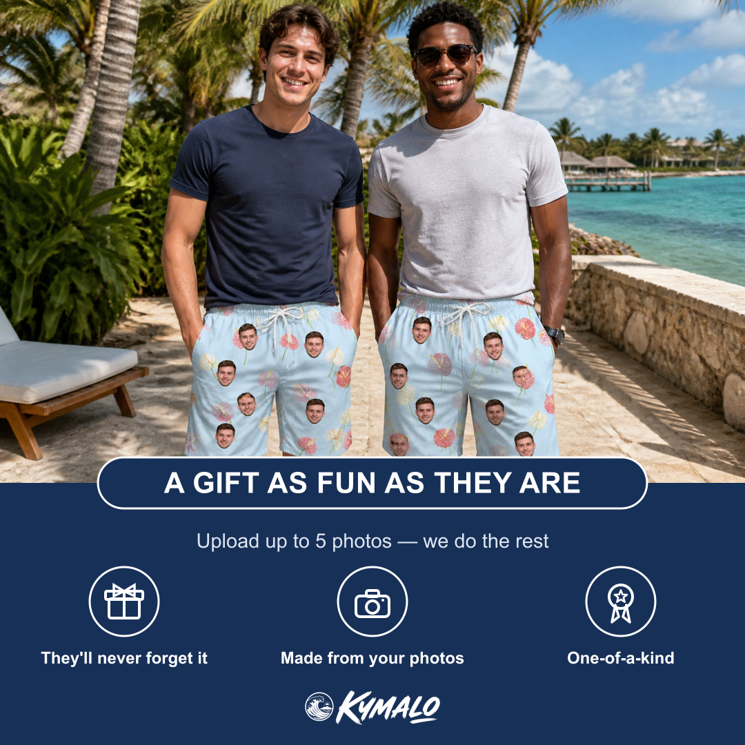 Friends in matching Men's Spatha Spark Custom Face Beach Shorts — a group gift photo