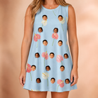 Model wearing Women's Spatha Spark Custom Face Tank Dress printed with kids' faces