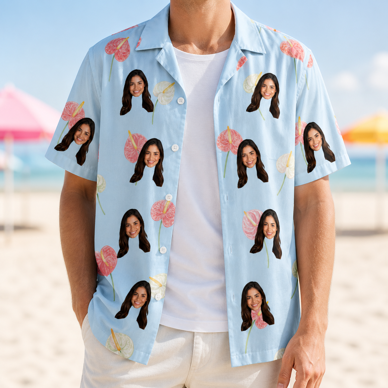Man wearing Men's Spatha Spark Custom Face Hawaiian Shirt open over a white tee