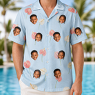 Model wearing Men's Spatha Spark Custom Face Hawaiian Shirt printed with kids' faces