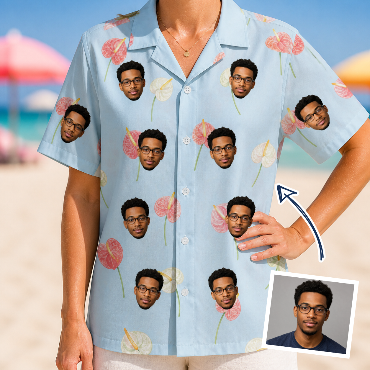 Woman wearing Women's Spatha Spark Custom Face Hawaiian Shirt — custom faces printed all-over