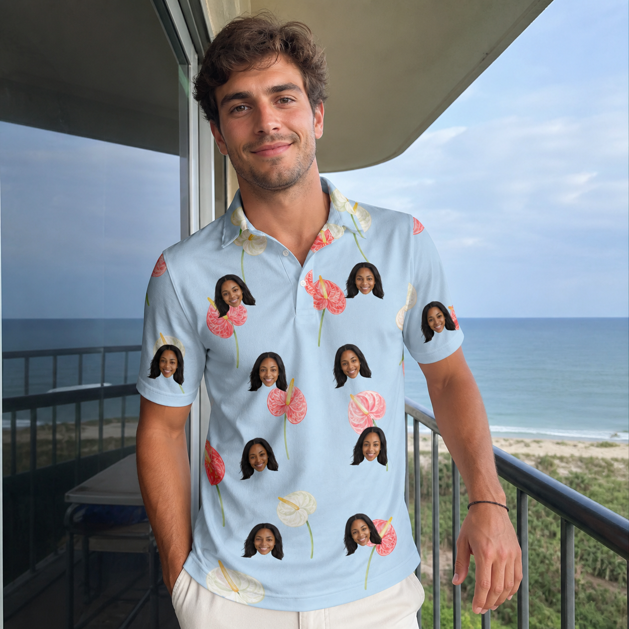 Real-life photo of someone wearing Men's Spatha Spark Custom Face Polo Shirt — custom faces printed all-over