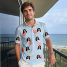 Real-life photo of someone wearing Men's Spatha Spark Custom Face Polo Shirt — custom faces printed all-over