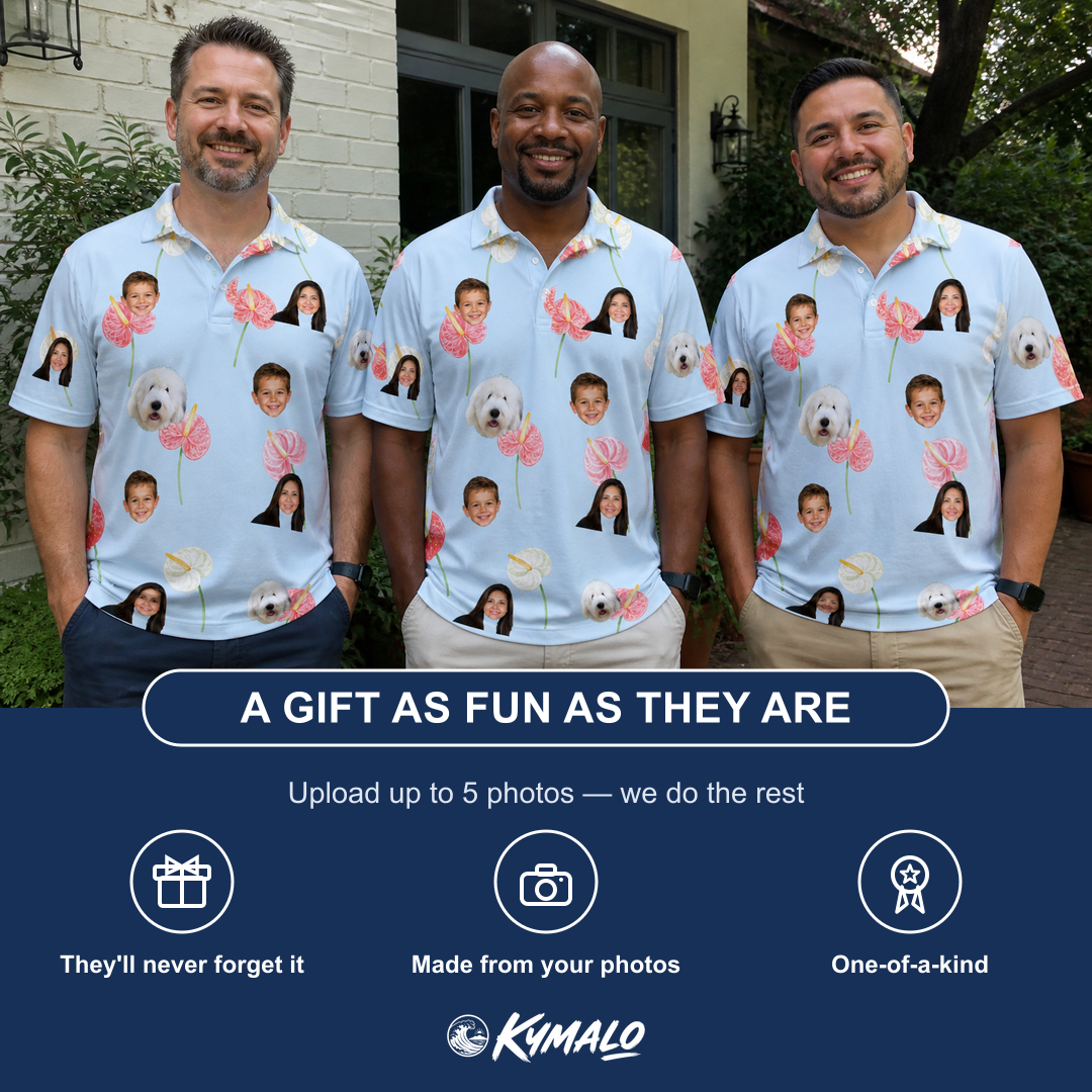 Friends in matching Men's Spatha Spark Custom Face Polo Shirt — a group gift photo