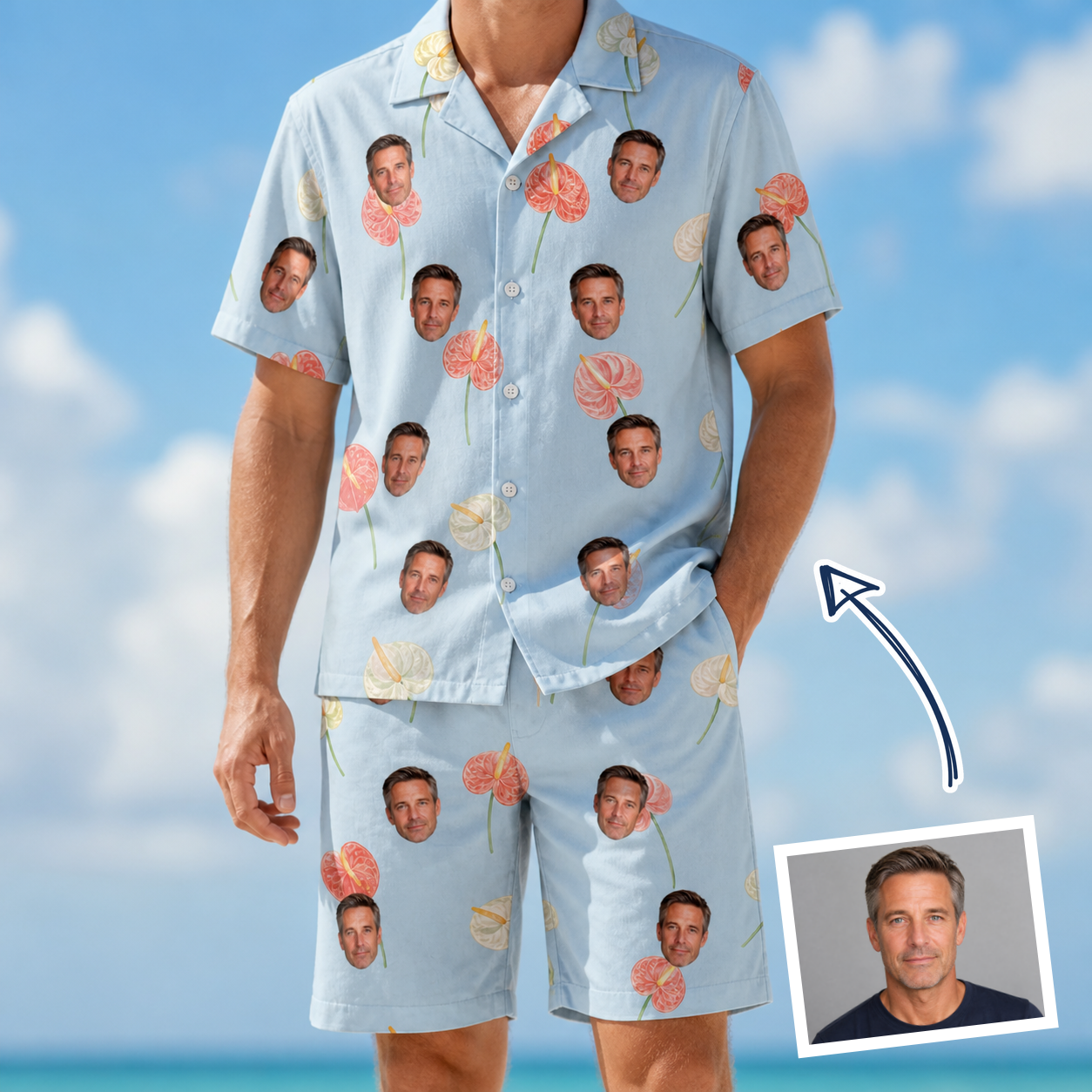 Man wearing Men's Spatha Spark Custom Face Shirt & Shorts Set — custom faces printed all-over