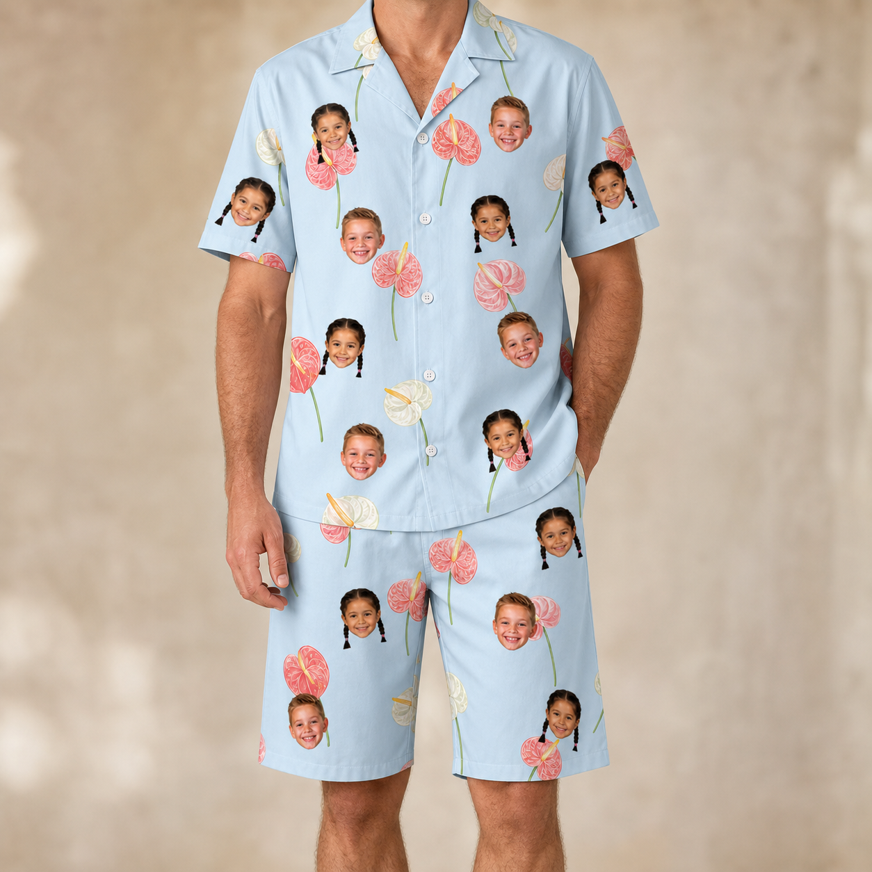 Model wearing Men's Spatha Spark Custom Face Shirt & Shorts Set printed with kids' faces