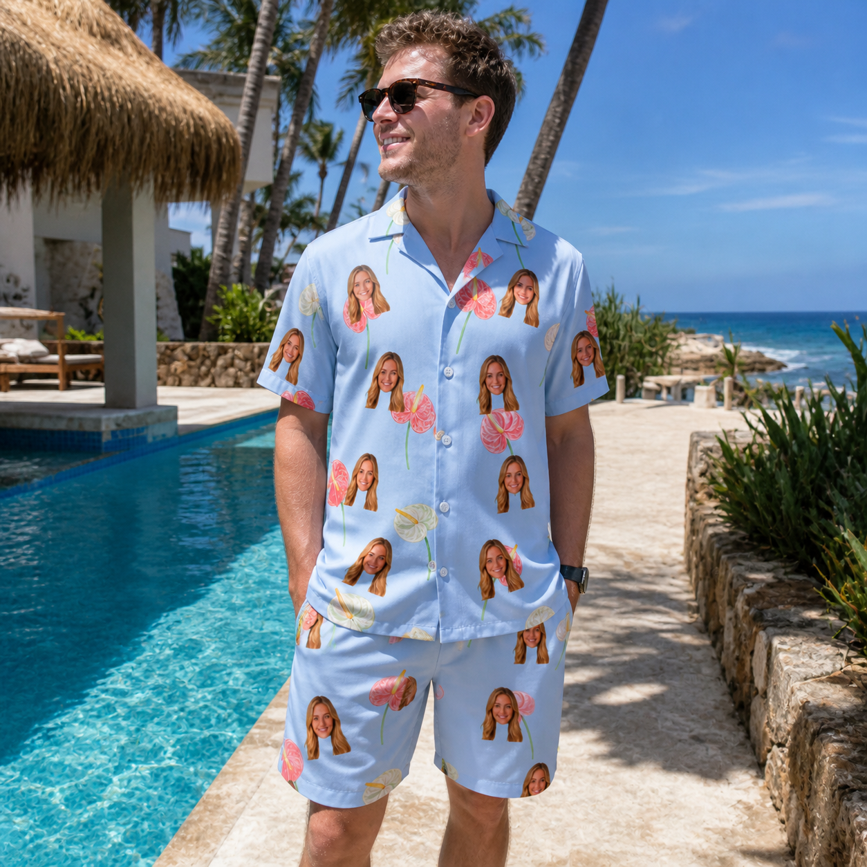 Real-life photo of someone wearing Men's Spatha Spark Custom Face Shirt & Shorts Set — custom faces printed all-over