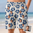 Man wearing Men's Flora Fiesta Custom Face Beach Shorts — custom faces printed all-over