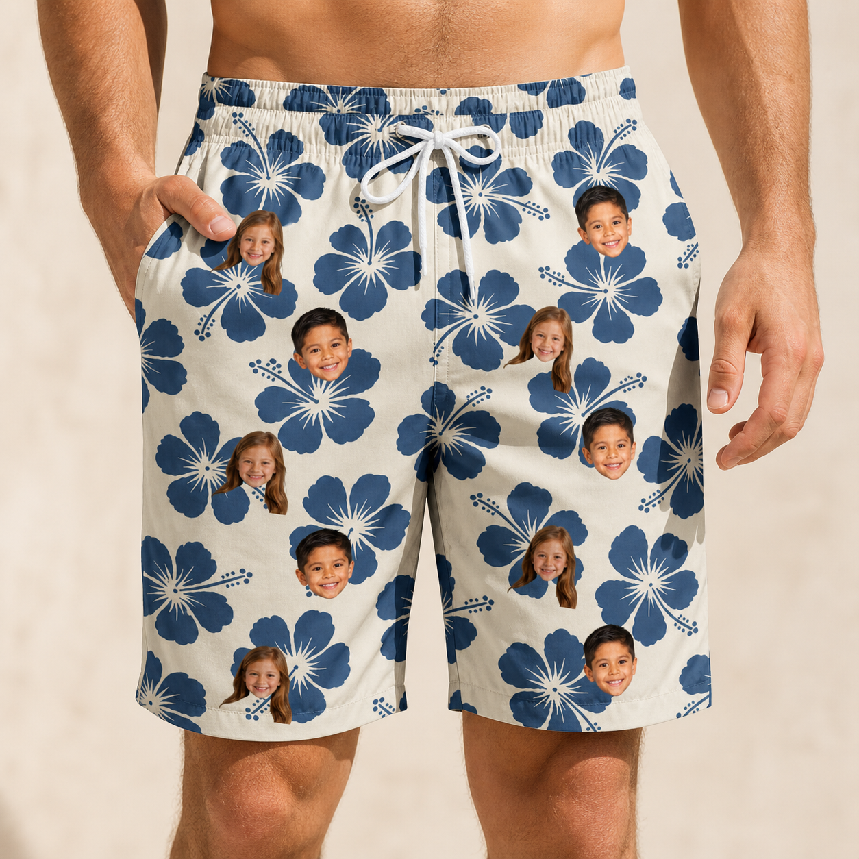 Model wearing Men's Flora Fiesta Custom Face Beach Shorts printed with kids' faces