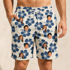 Model wearing Men's Flora Fiesta Custom Face Beach Shorts printed with kids' faces