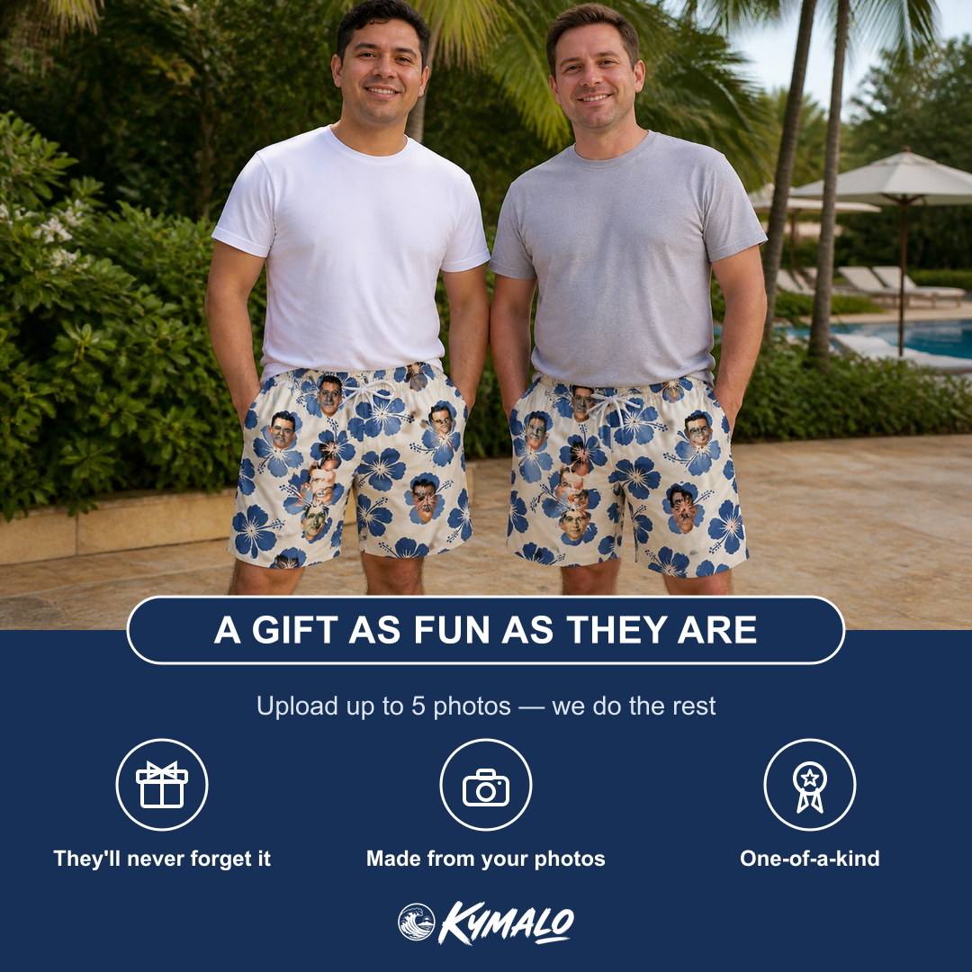Friends in matching Men's Flora Fiesta Custom Face Beach Shorts — a group gift photo