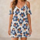 Model wearing Women's Flora Fiesta Custom Face Off-Shoulder Dress printed with kids' faces