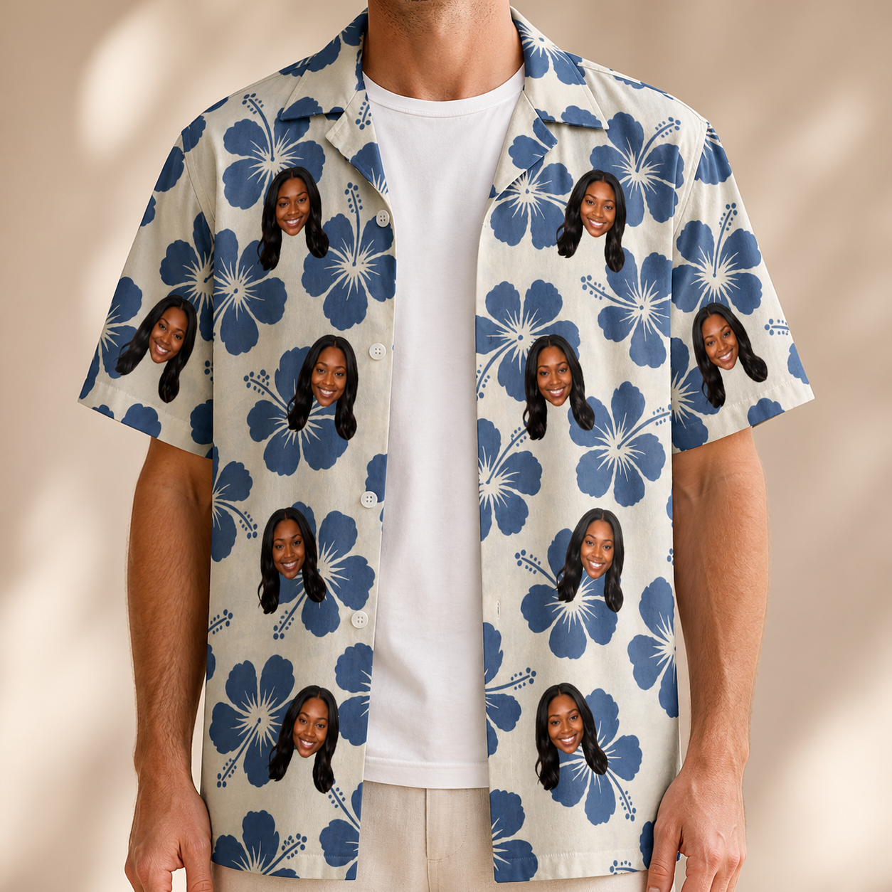 Man wearing Men's Flora Fiesta Custom Face Hawaiian Shirt open over a white tee