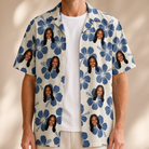 Man wearing Men's Flora Fiesta Custom Face Hawaiian Shirt open over a white tee