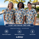 Friends in matching Women's Flora Fiesta Custom Face Hawaiian Shirt — a group gift photo