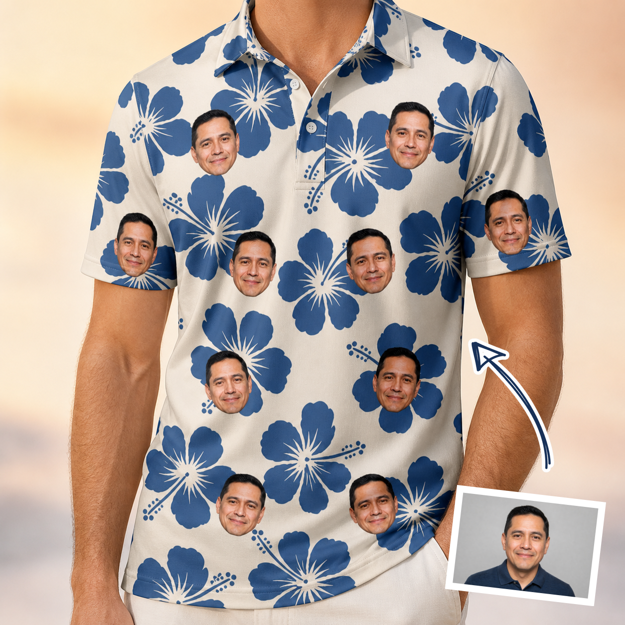 Man wearing Men's Flora Fiesta Custom Face Polo Shirt — custom faces printed all-over