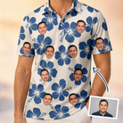 Man wearing Men's Flora Fiesta Custom Face Polo Shirt — custom faces printed all-over