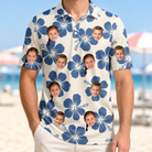 Model wearing Men's Flora Fiesta Custom Face Polo Shirt printed with kids' faces