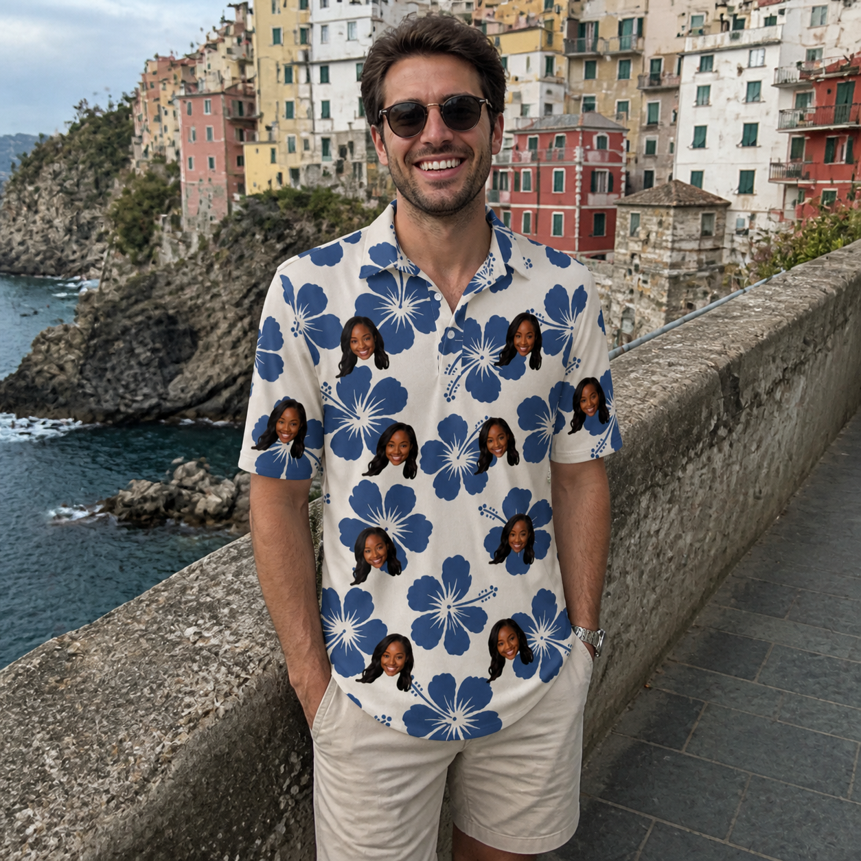 Real-life photo of someone wearing Men's Flora Fiesta Custom Face Polo Shirt — custom faces printed all-over