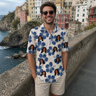 Real-life photo of someone wearing Men's Flora Fiesta Custom Face Polo Shirt — custom faces printed all-over
