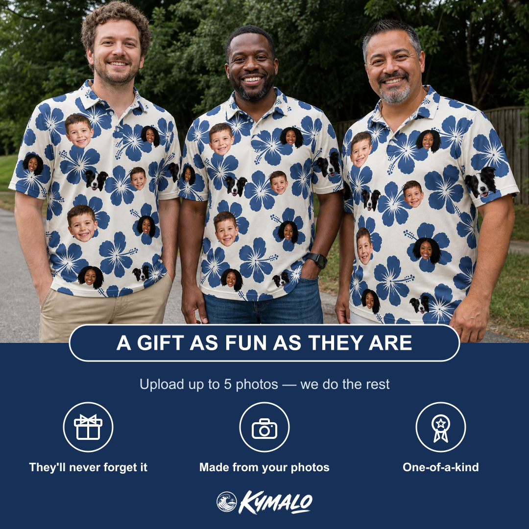 Friends in matching Men's Flora Fiesta Custom Face Polo Shirt — a group gift photo