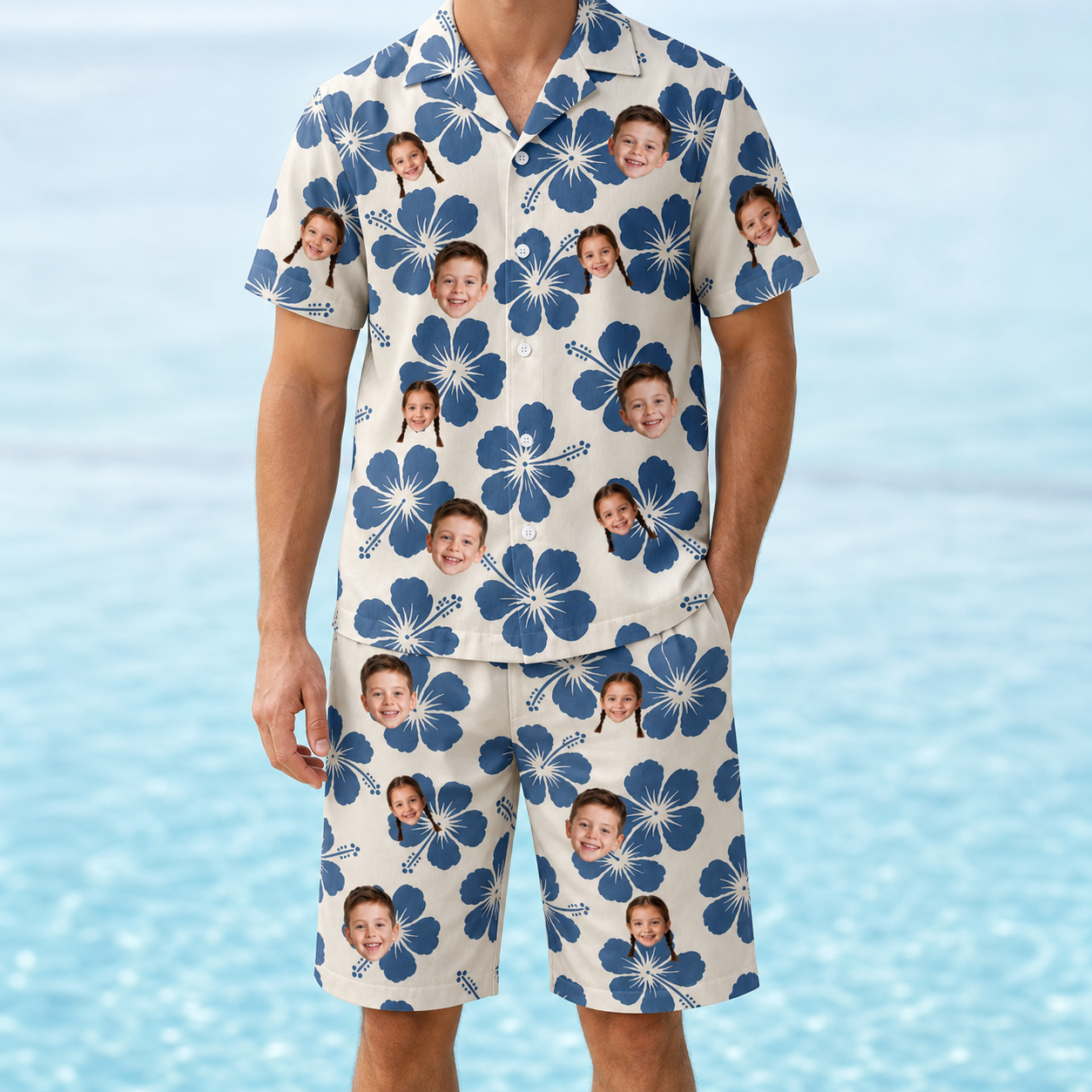 Model wearing Men's Flora Fiesta Custom Face Shirt & Shorts Set printed with kids' faces