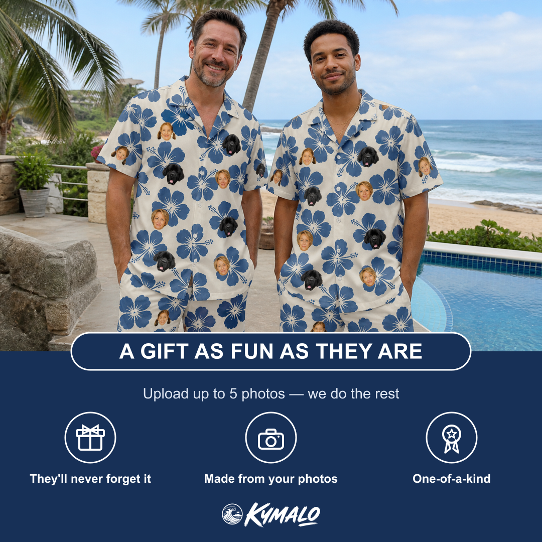 Friends in matching Men's Flora Fiesta Custom Face Shirt & Shorts Set — a group gift photo