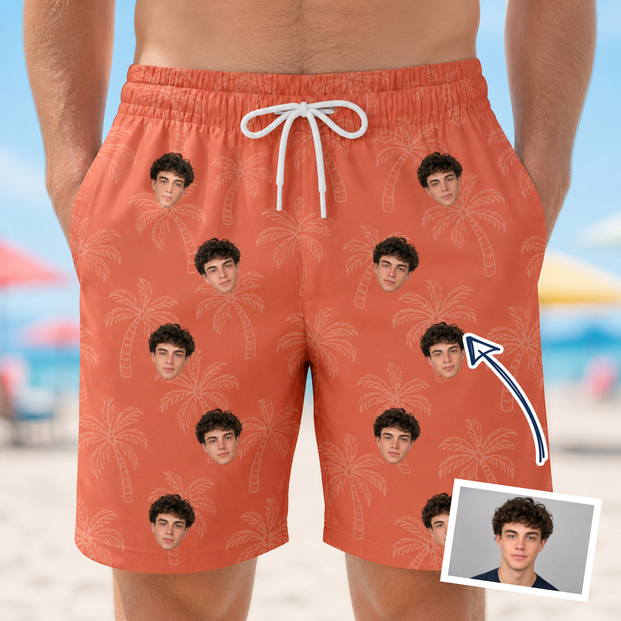 Man wearing Men's Tiki Treetops Custom Face Beach Shorts — custom faces printed all-over