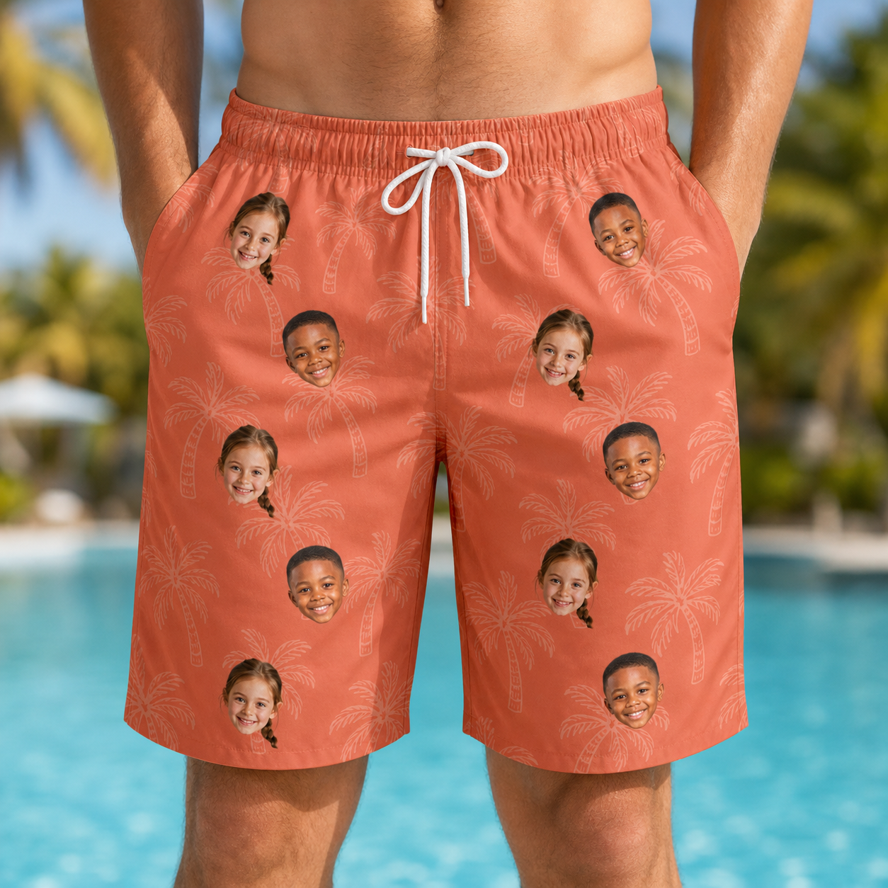 Model wearing Men's Tiki Treetops Custom Face Beach Shorts printed with kids' faces