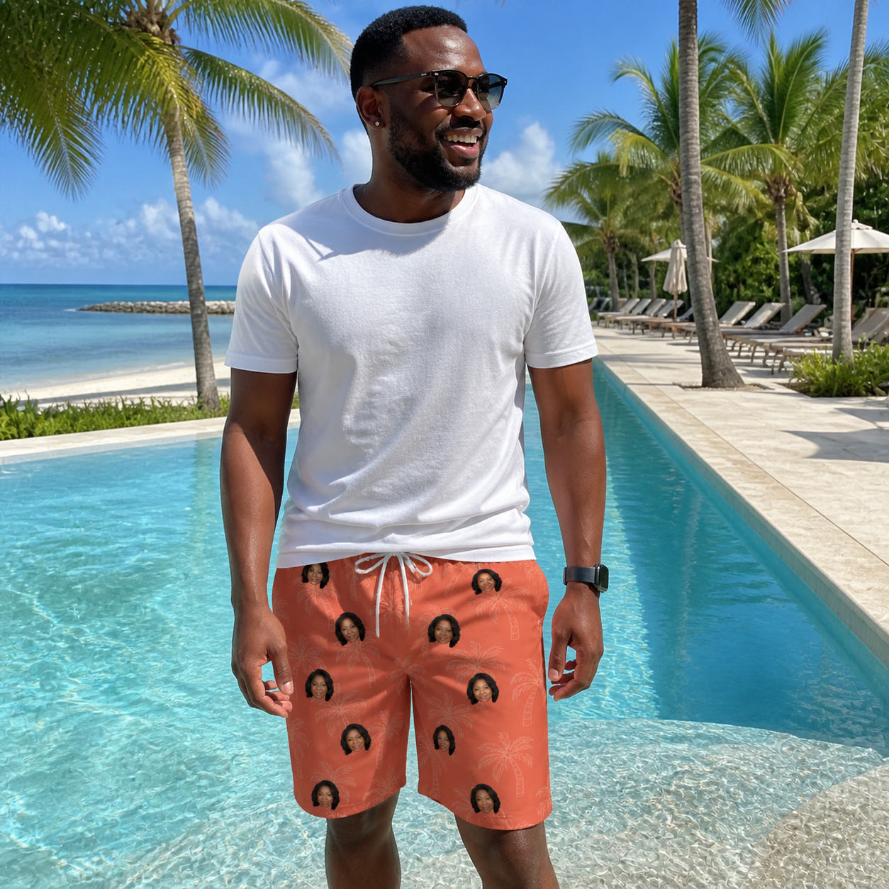 Real-life photo of someone wearing Men's Tiki Treetops Custom Face Beach Shorts — custom faces printed all-over