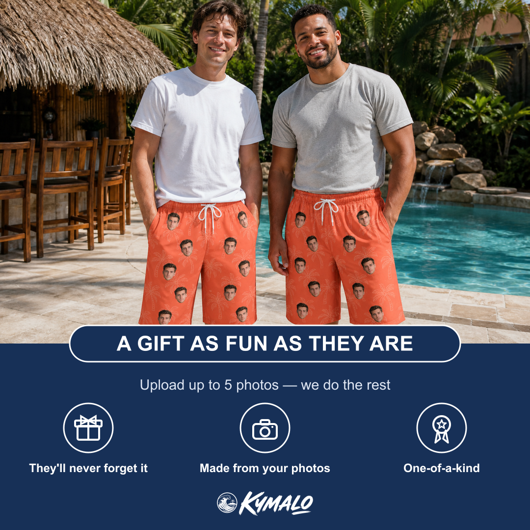 Friends in matching Men's Tiki Treetops Custom Face Beach Shorts — a group gift photo