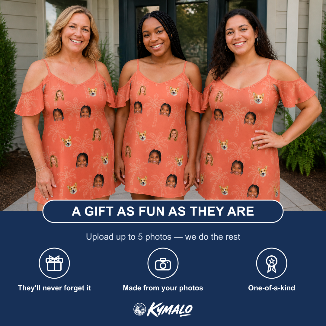 Friends in matching Women's Tiki Treetops Custom Face Off-Shoulder Dress — a group gift photo