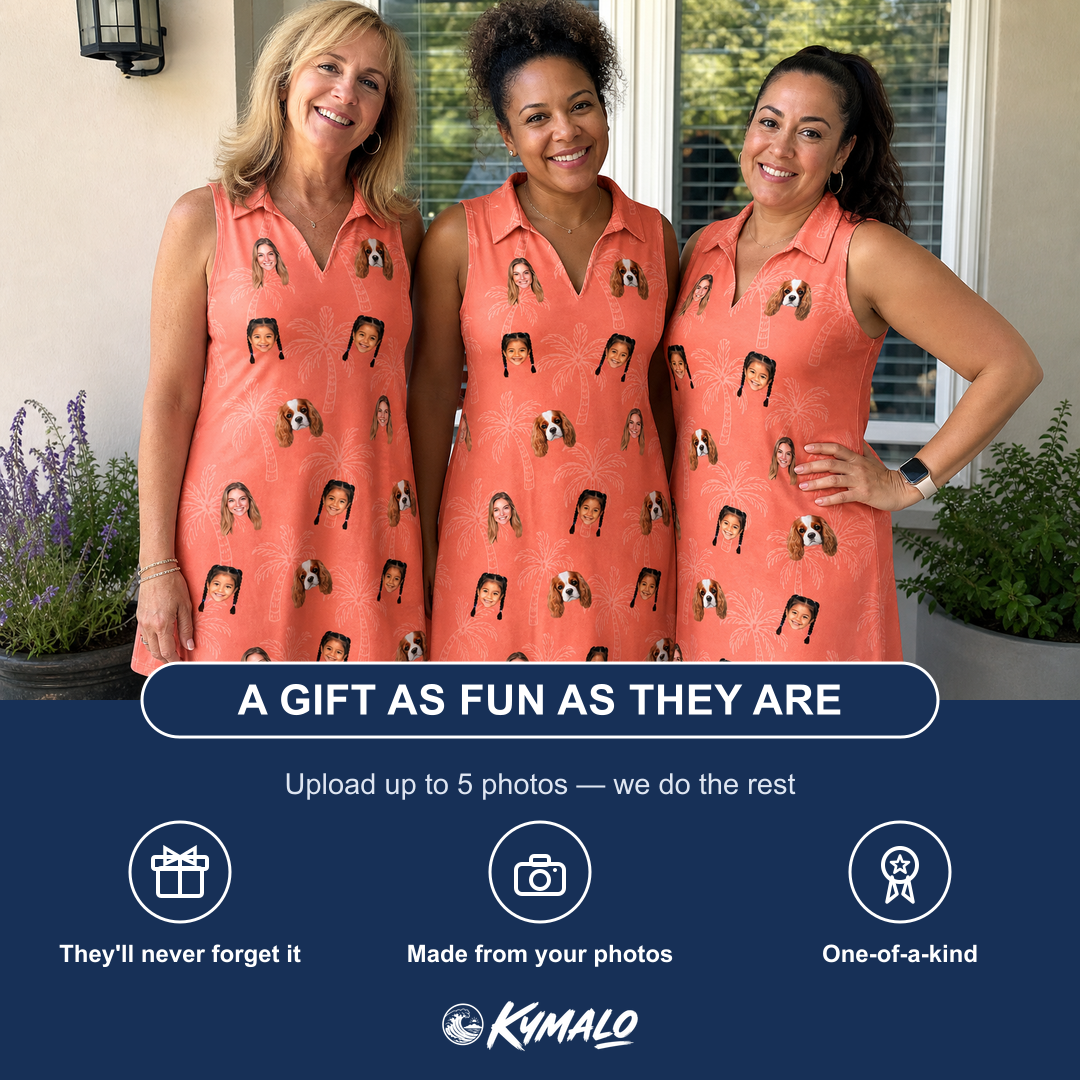 Friends in matching Women's Tiki Treetops Custom Face V-Neck Dress — a group gift photo