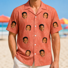 Model wearing Men's Tiki Treetops Custom Face Hawaiian Shirt printed with kids' faces