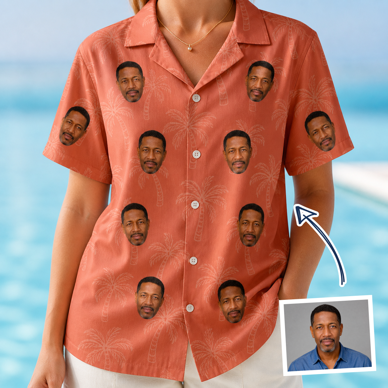 Woman wearing Women's Tiki Treetops Custom Face Hawaiian Shirt — custom faces printed all-over