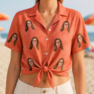 Woman wearing Women's Tiki Treetops Custom Face Hawaiian Shirt tied at the waist