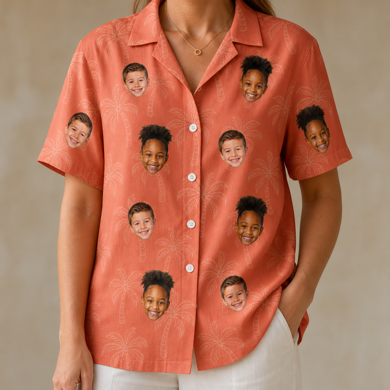 Model wearing Women's Tiki Treetops Custom Face Hawaiian Shirt printed with kids' faces