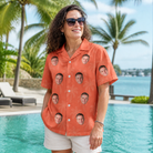 Real-life photo of someone wearing Women's Tiki Treetops Custom Face Hawaiian Shirt — custom faces printed all-over