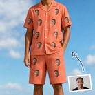 Man wearing Men's Tiki Treetops Custom Face Shirt & Shorts Set — custom faces printed all-over
