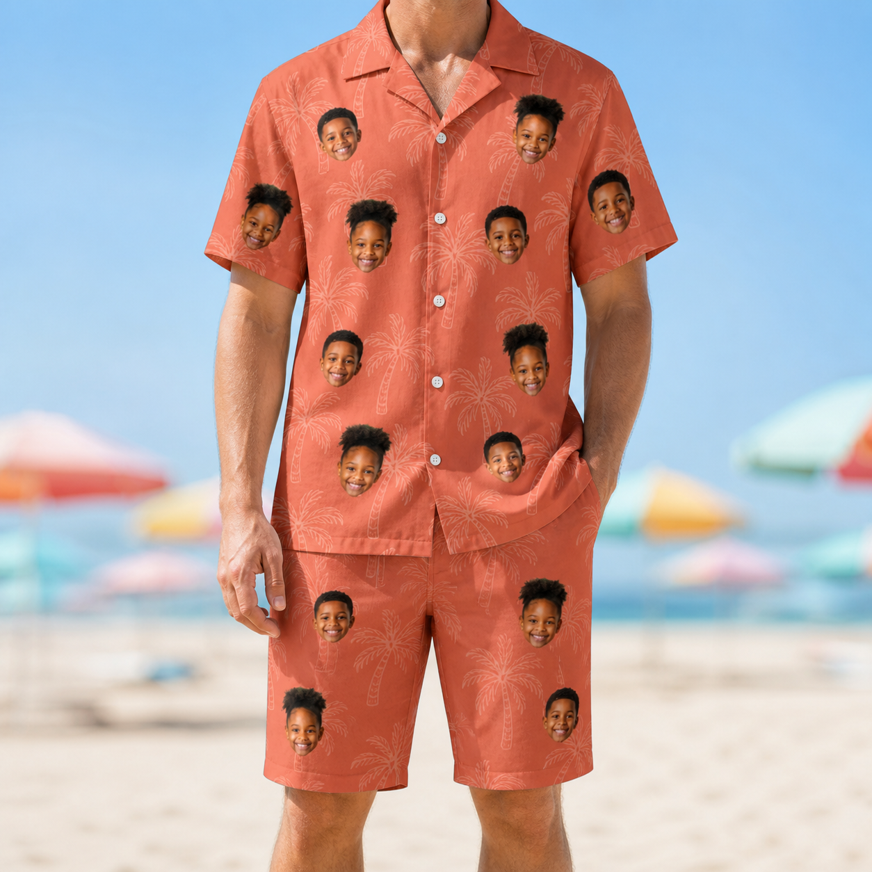 Model wearing Men's Tiki Treetops Custom Face Shirt & Shorts Set printed with kids' faces