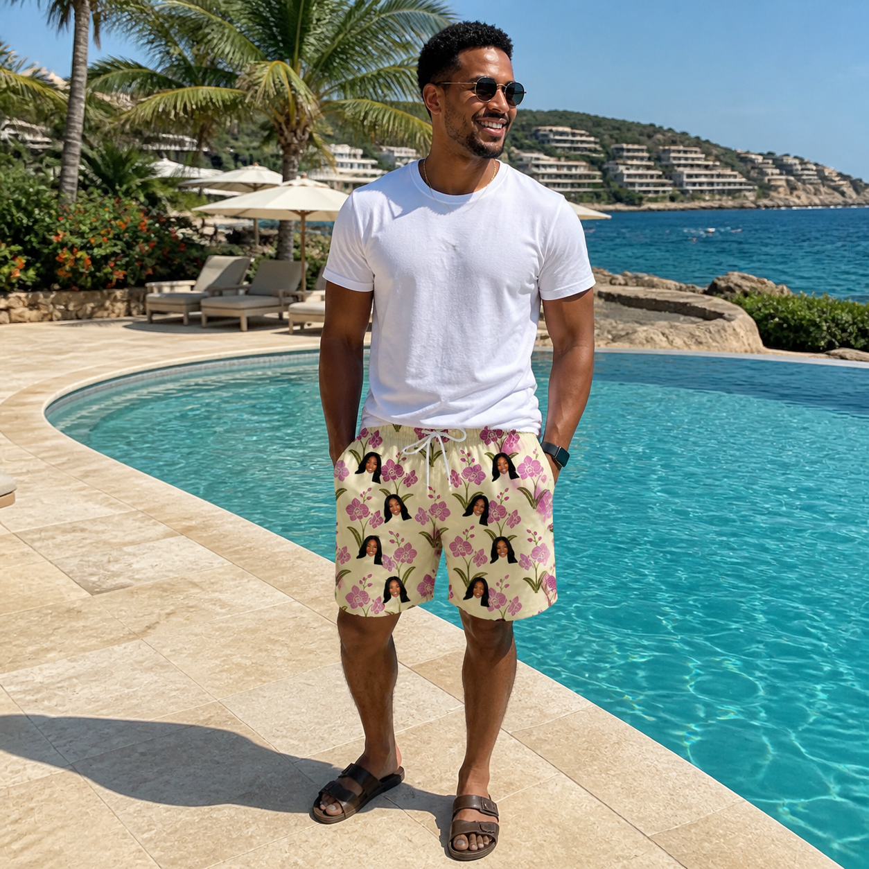 Real-life photo of someone wearing Men's Velvet Vines Custom Face Beach Shorts — custom faces printed all-over