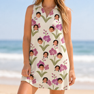 Model wearing Women's Velvet Vines Custom Face V-Neck Dress printed with kids' faces