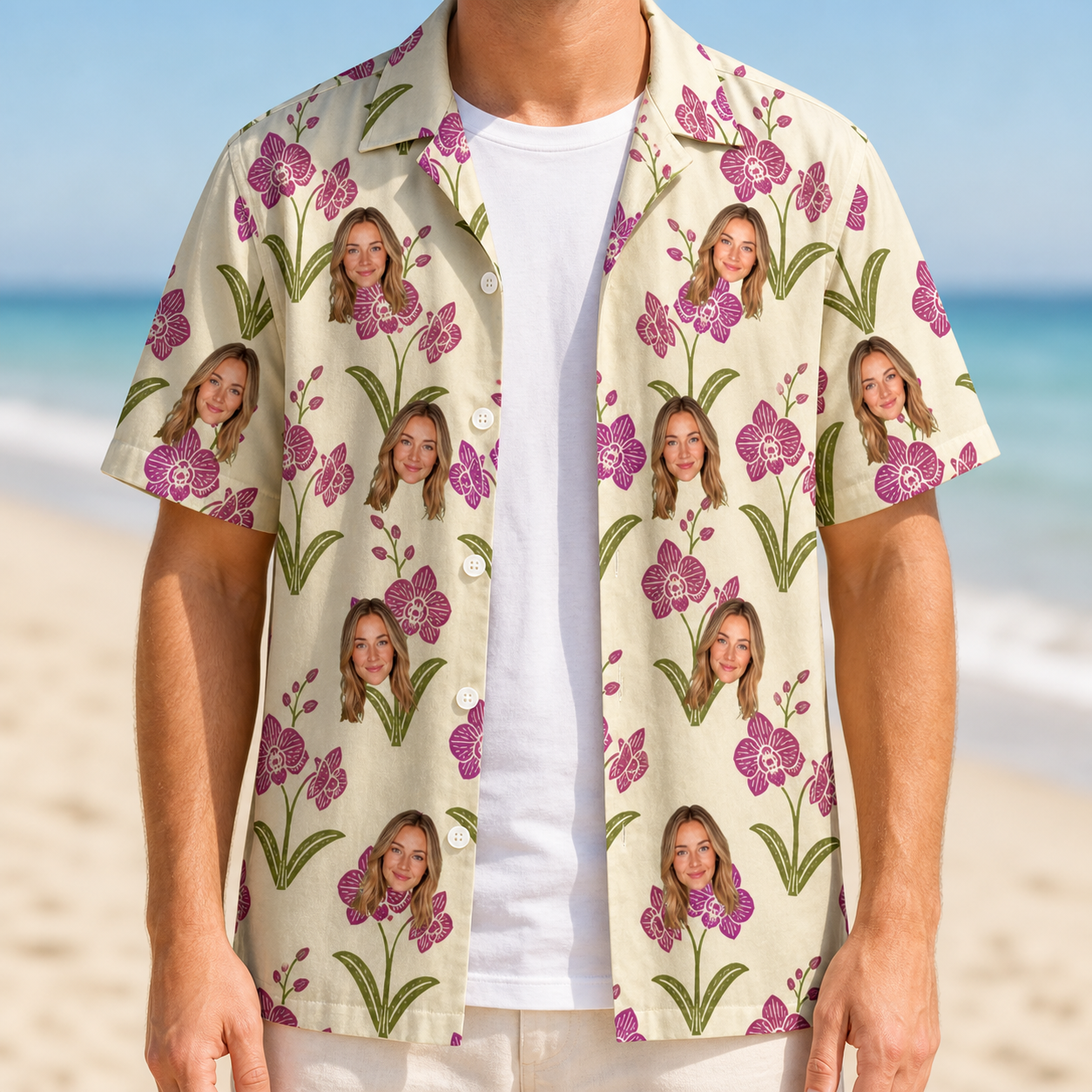 Man wearing Men's Velvet Vines Custom Face Hawaiian Shirt open over a white tee