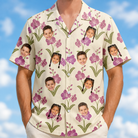 Model wearing Men's Velvet Vines Custom Face Hawaiian Shirt printed with kids' faces