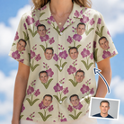Woman wearing Women's Velvet Vines Custom Face Hawaiian Shirt — custom faces printed all-over