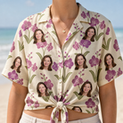 Woman wearing Women's Velvet Vines Custom Face Hawaiian Shirt tied at the waist